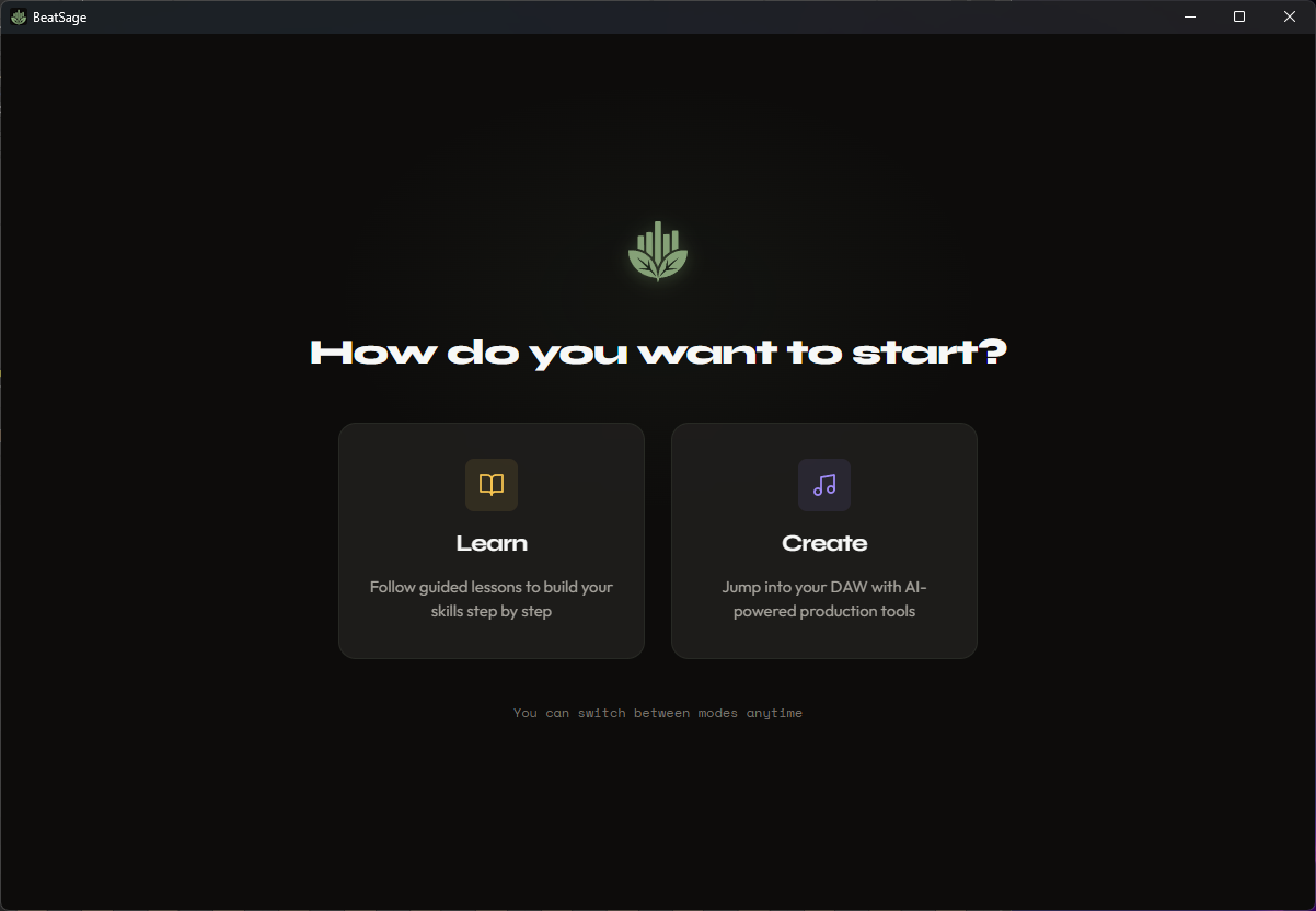 Learn and Create mode selector