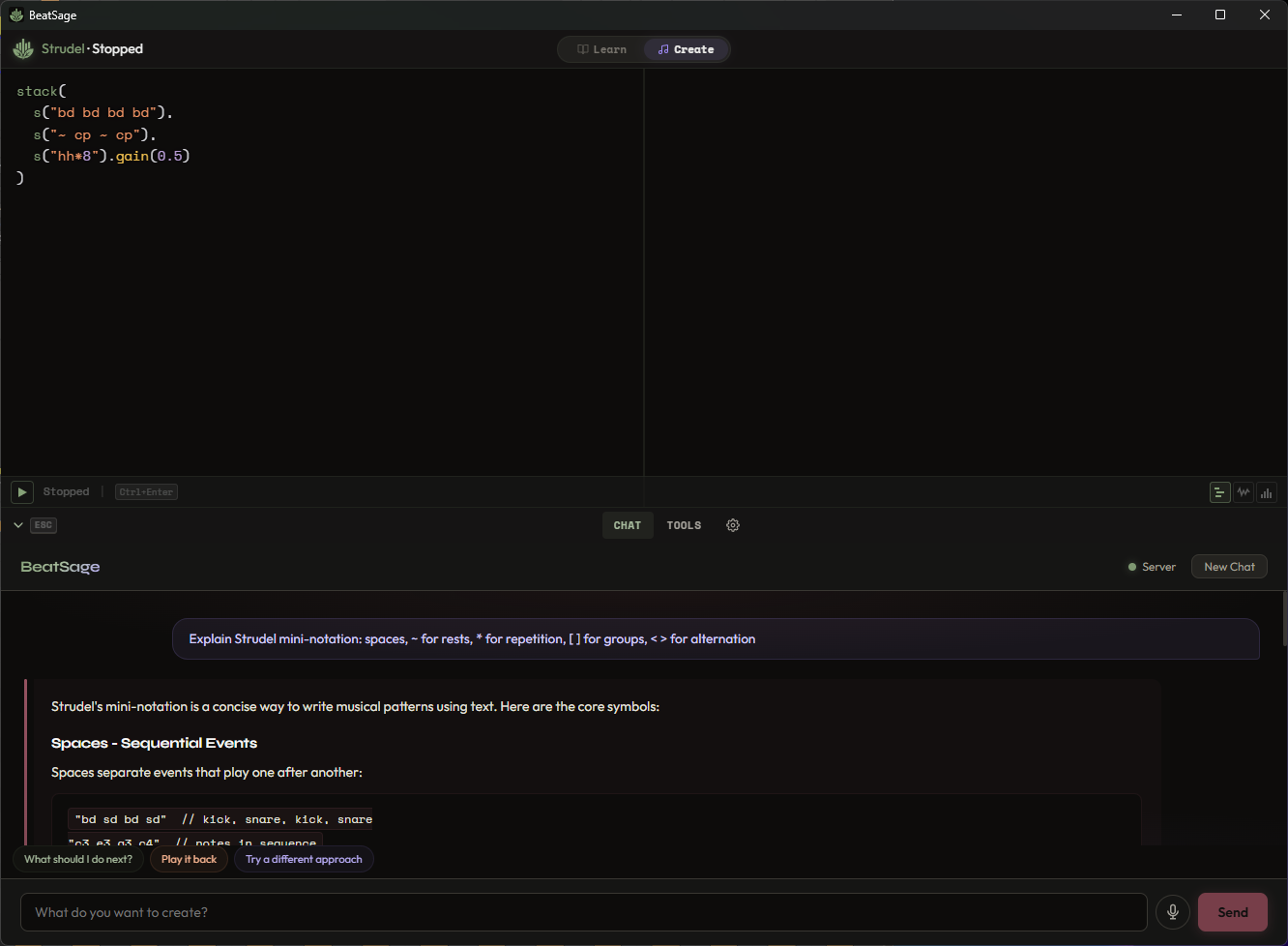 Strudel mode with live coding and AI chat