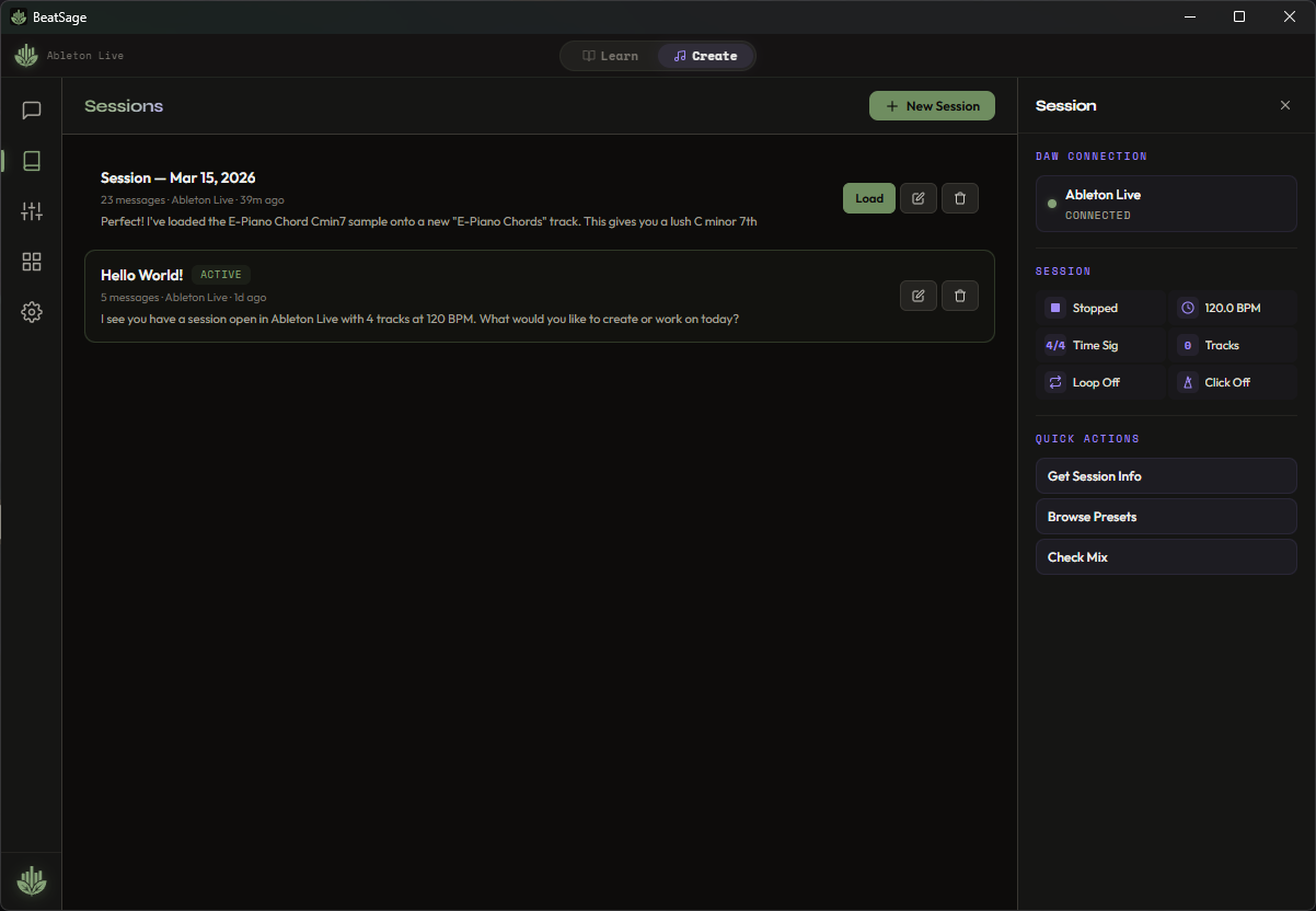 Session Library sidebar showing saved sessions