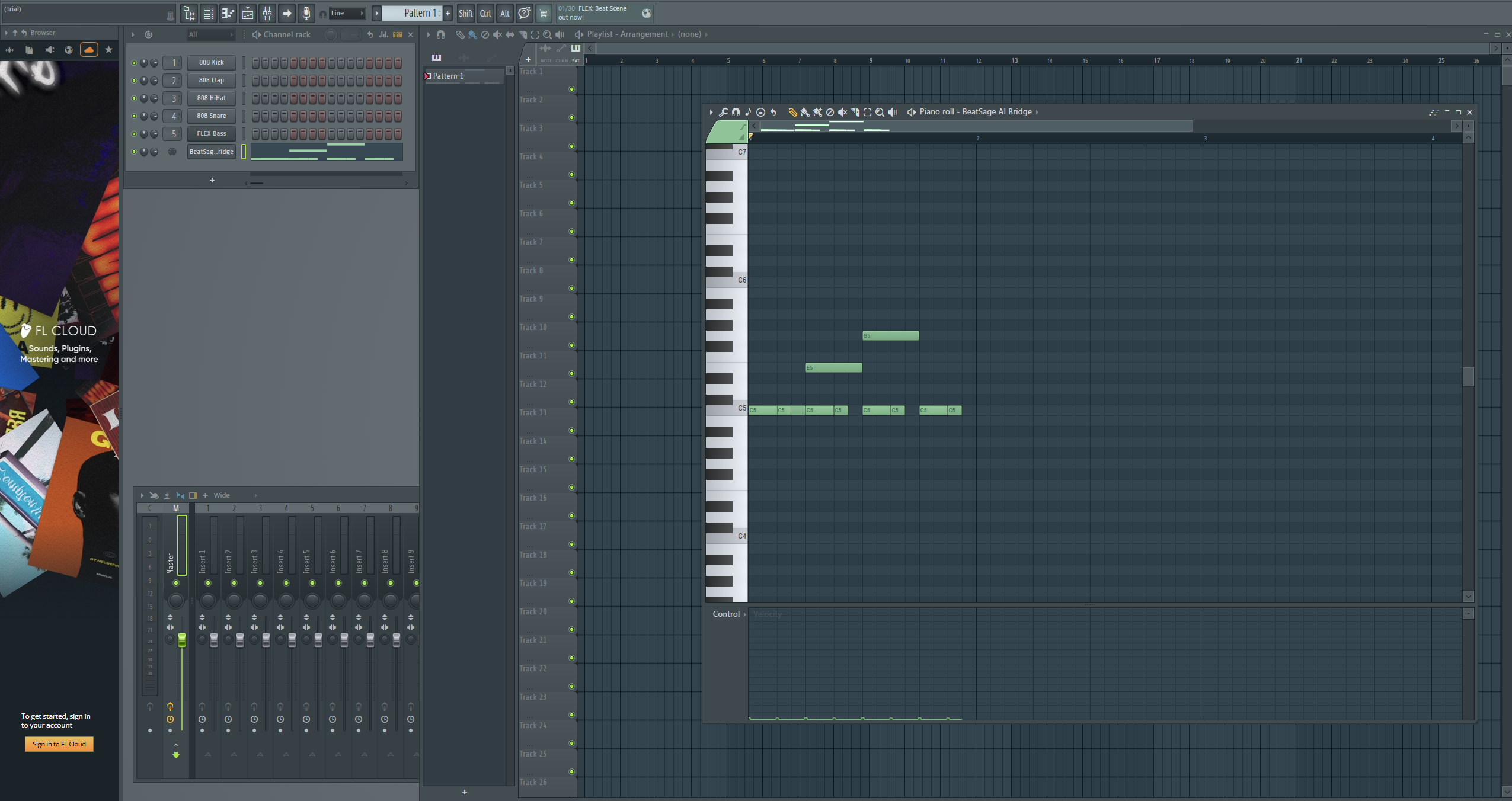 FL Studio Channel Rack showing notes written to different channels by the AI