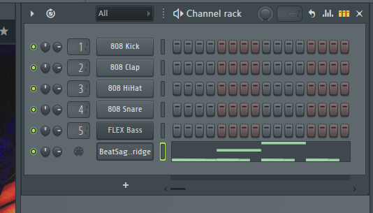FL Studio Channel Rack showing the programmed drum pattern