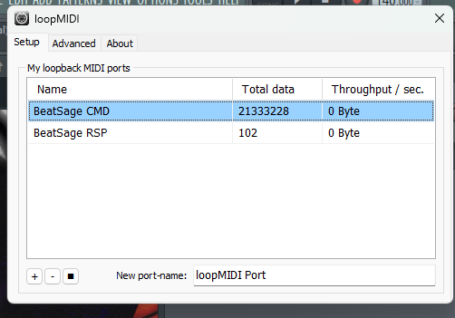 loopMIDI with BeatSage CMD and RSP ports, 21MB of SysEx data proving the concept works